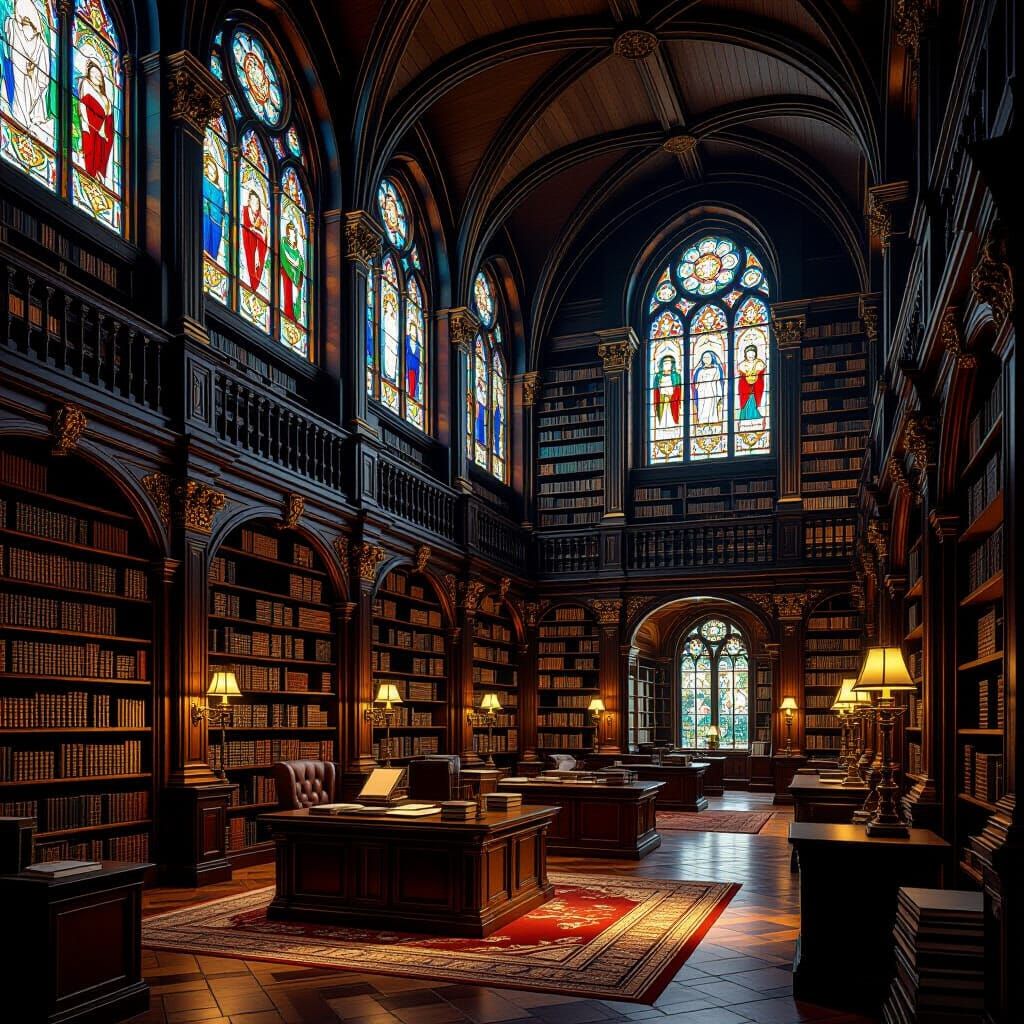 Grand Library with Stained Glass in Art Nouveau Style