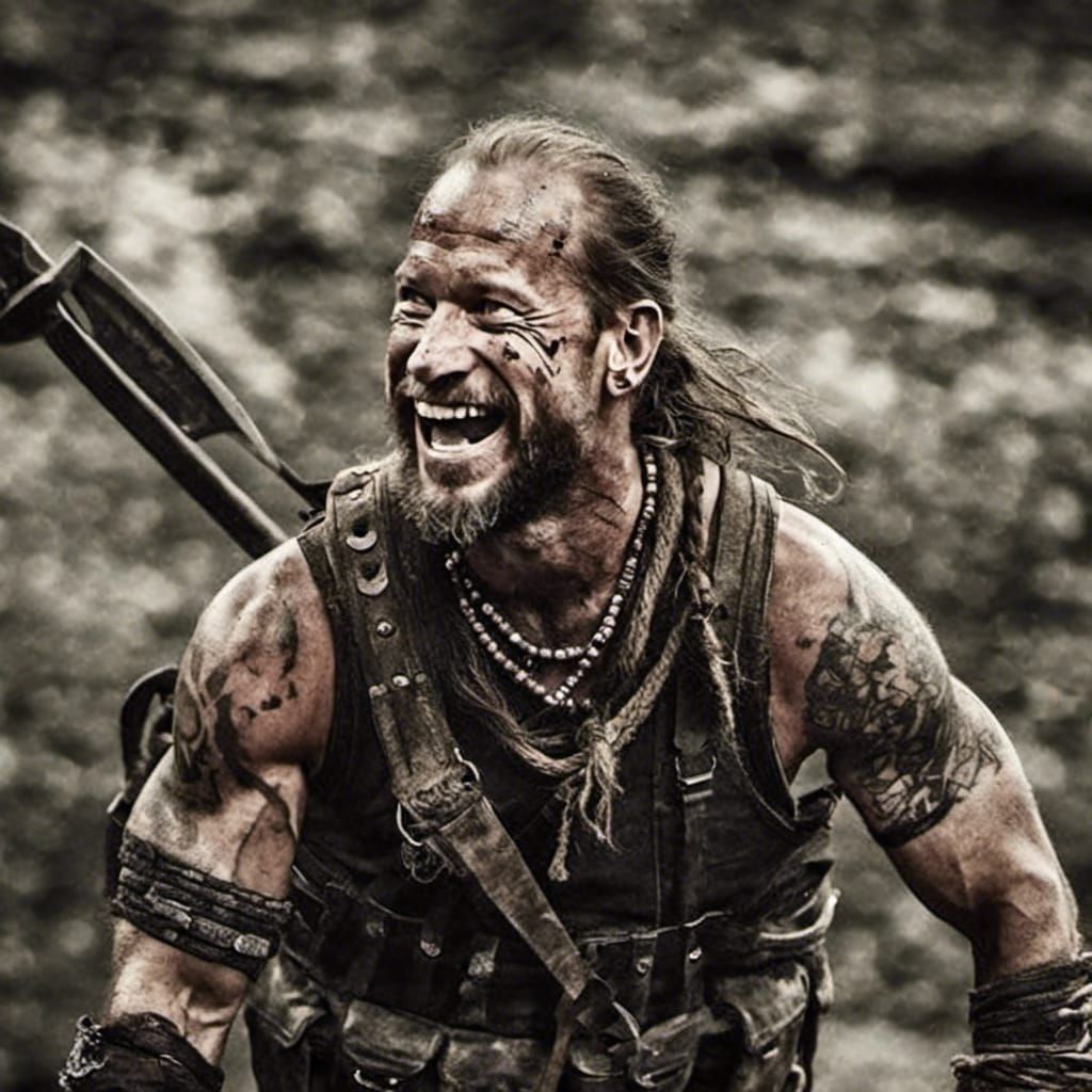 Viking Warrior Screaming in Battle with Tribal Tattoos