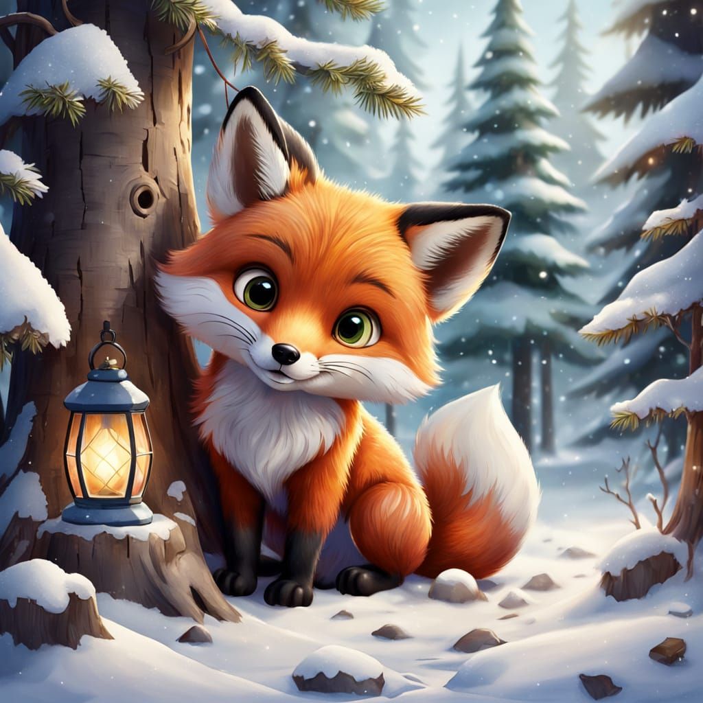 Cute Fox in Festive Holiday Winter Forest Digital Art