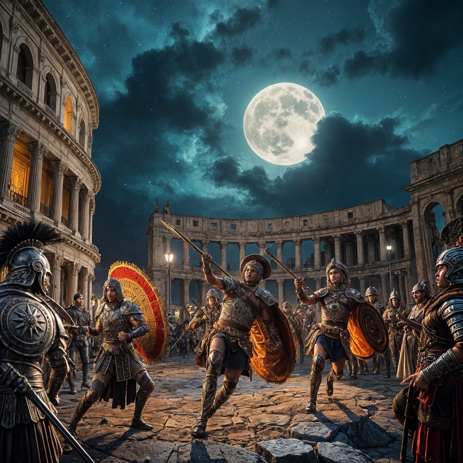 Epic Gladiator Battle Under Moonlight, Hyperdetailed