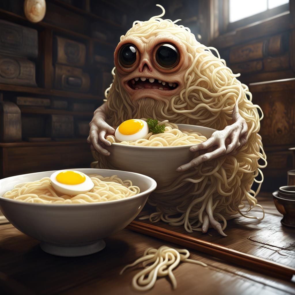 Ramen Noodle Monster with Egg Eyes: Digital Art