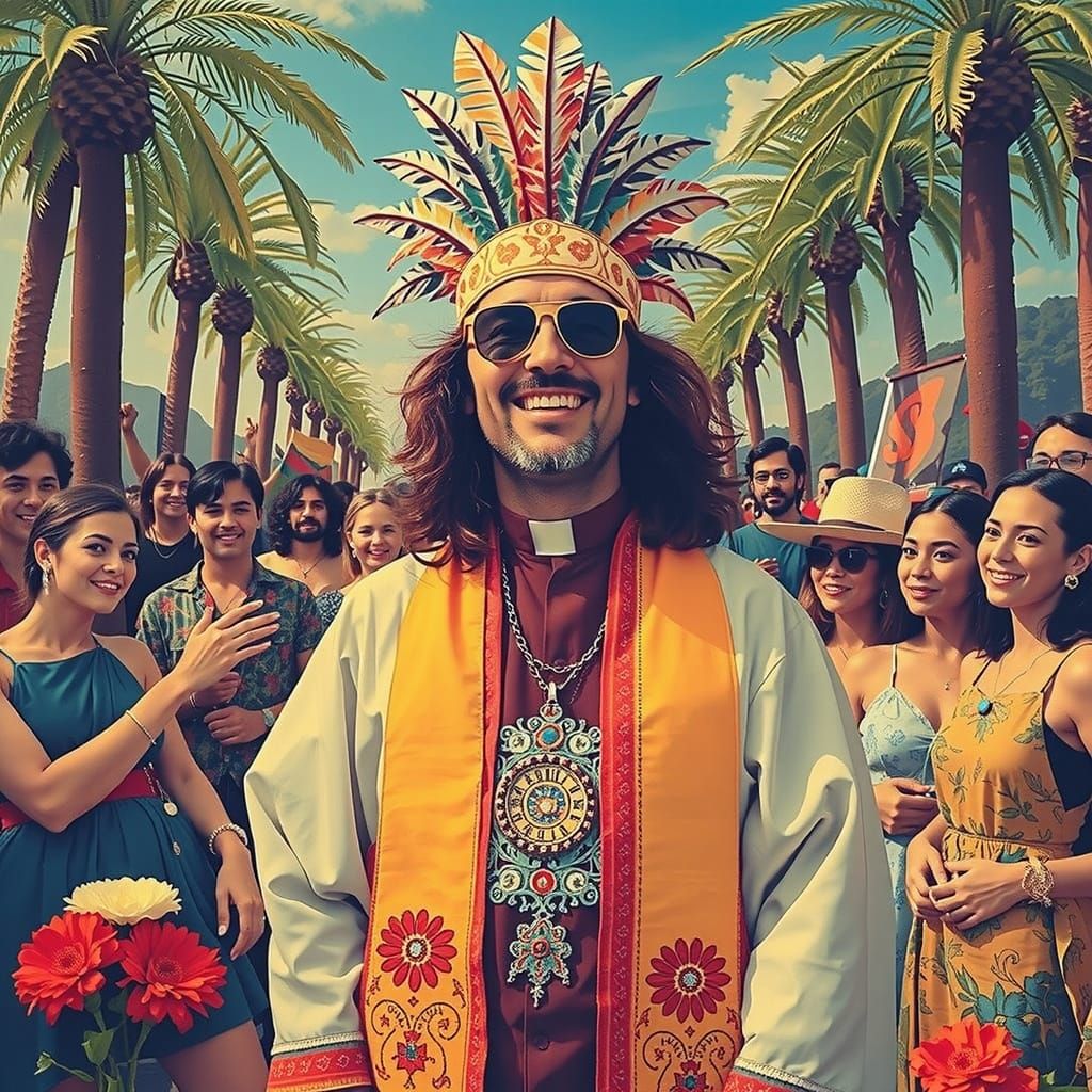 Peaceful Priest in Psychedelic Gathering