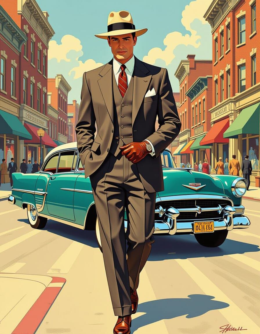 Stylish Man in 1950s City Street, Retro Aesthetic
