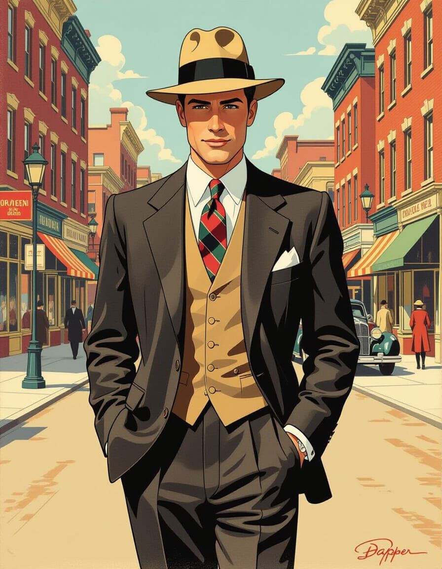 Stylish Gentleman in Vintage City Street Illustration