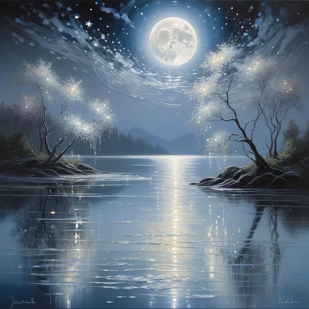 Ethereal Water Fairy Scooping Stardust from Enchanted Lake