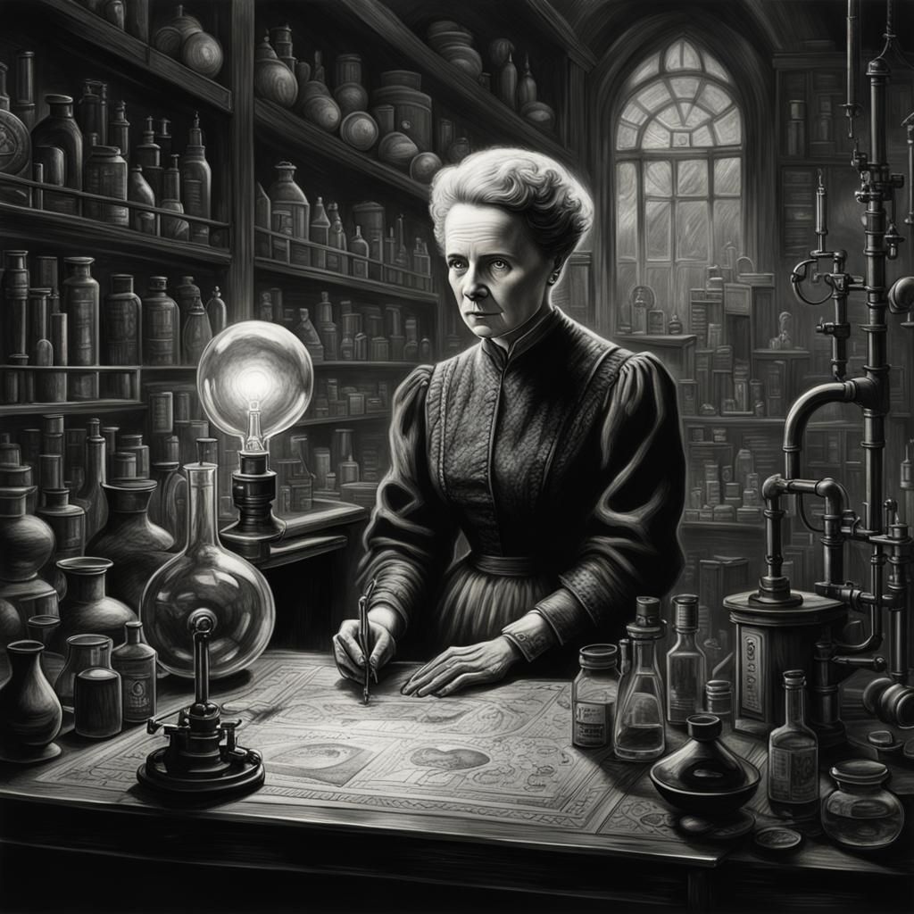 Marie Curie in Laboratory: Charcoal Digital Painting