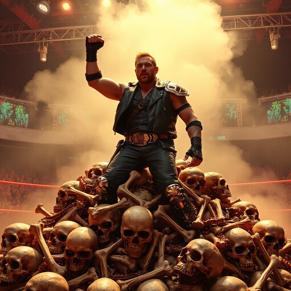 Victorious Cyberpunk Wrestler Atop Mountain of Skeletons