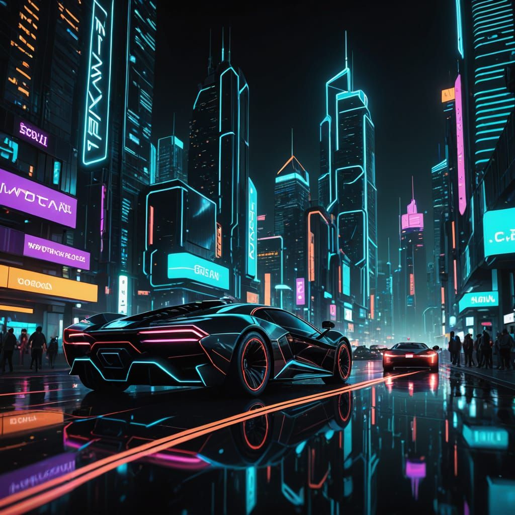 Neon Metropolis in TRON Style at Night