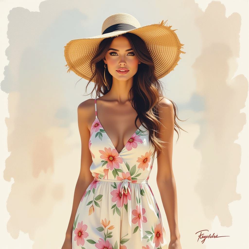 Woman in Hat and Sundress: Detailed Watercolor Painting