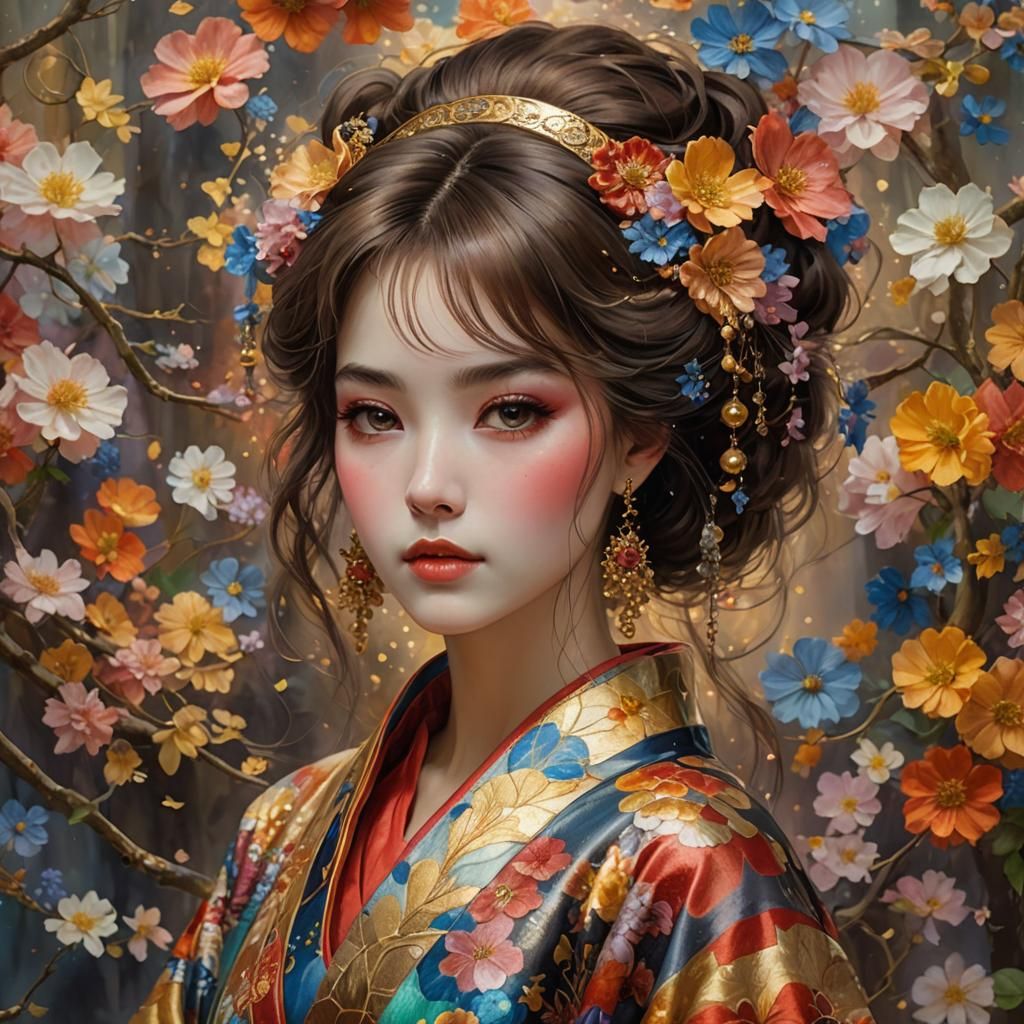Girl in Kimono, Gustav Klimt Style