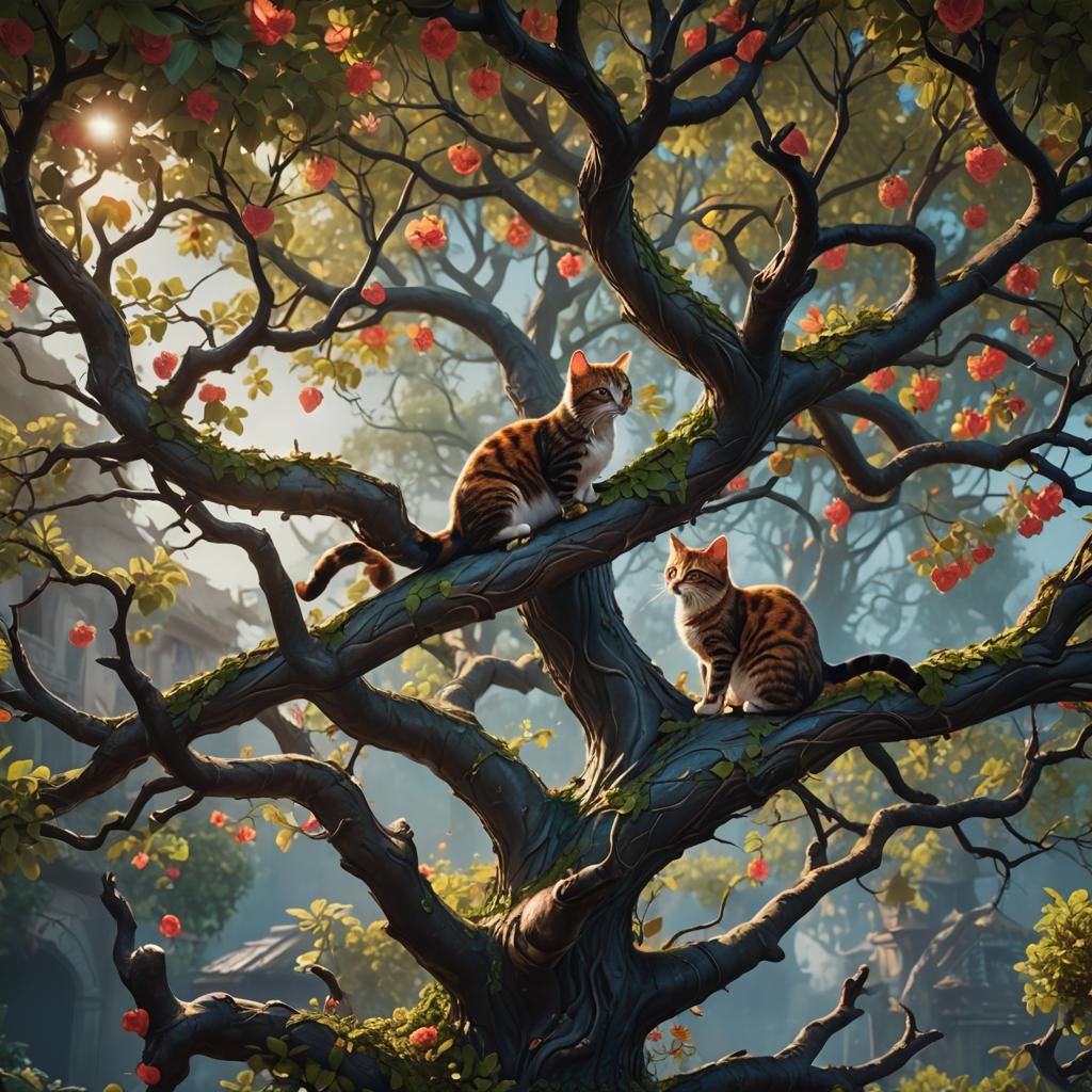 Two Cats Kissing in a Tree: Fantasy Concept Art