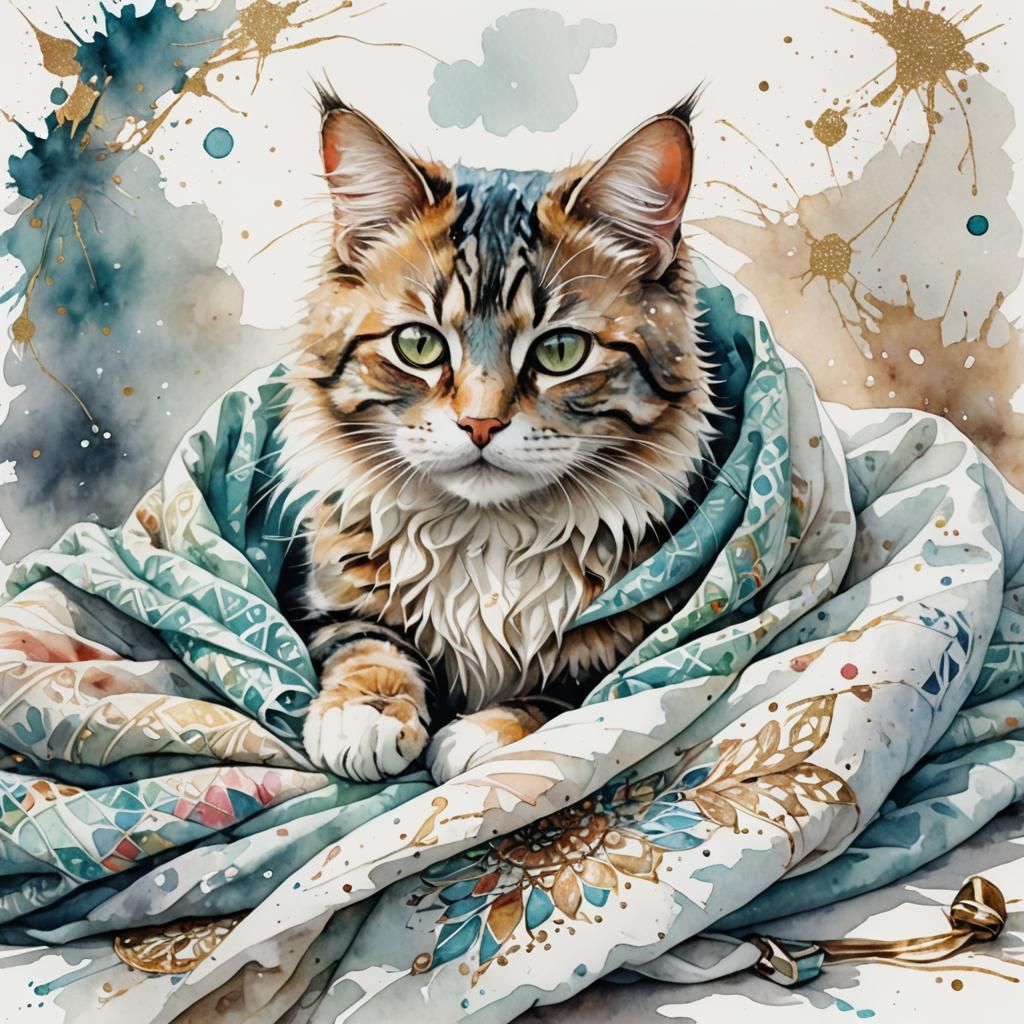 Cute Cat Snuggled in Blanket Watercolor Painting