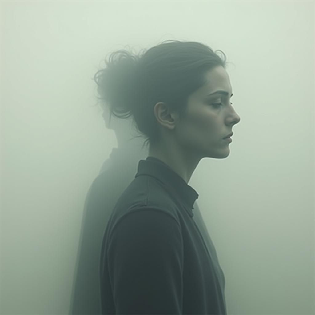 Androgynous Figure in Mist: Surreal Disconnection