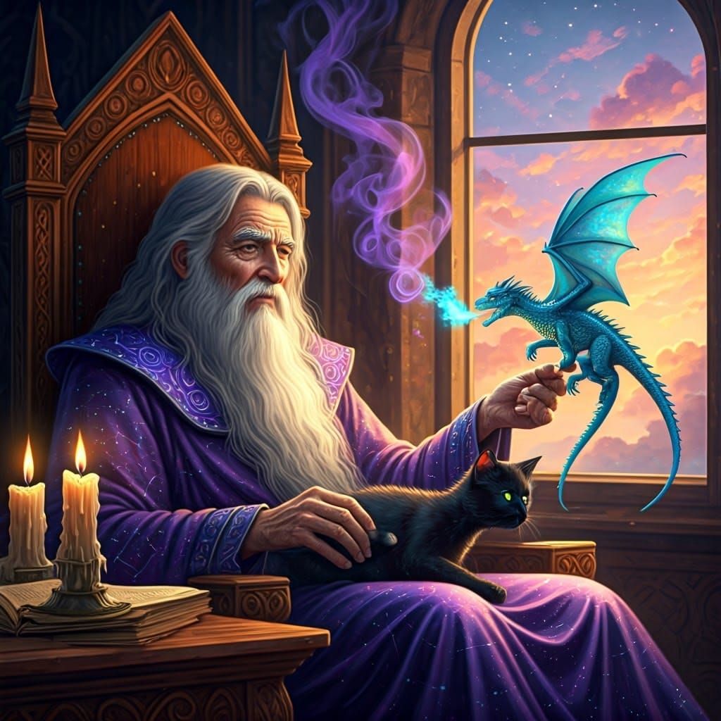 Whimsical Wizard and Cat in Candlelit Castle