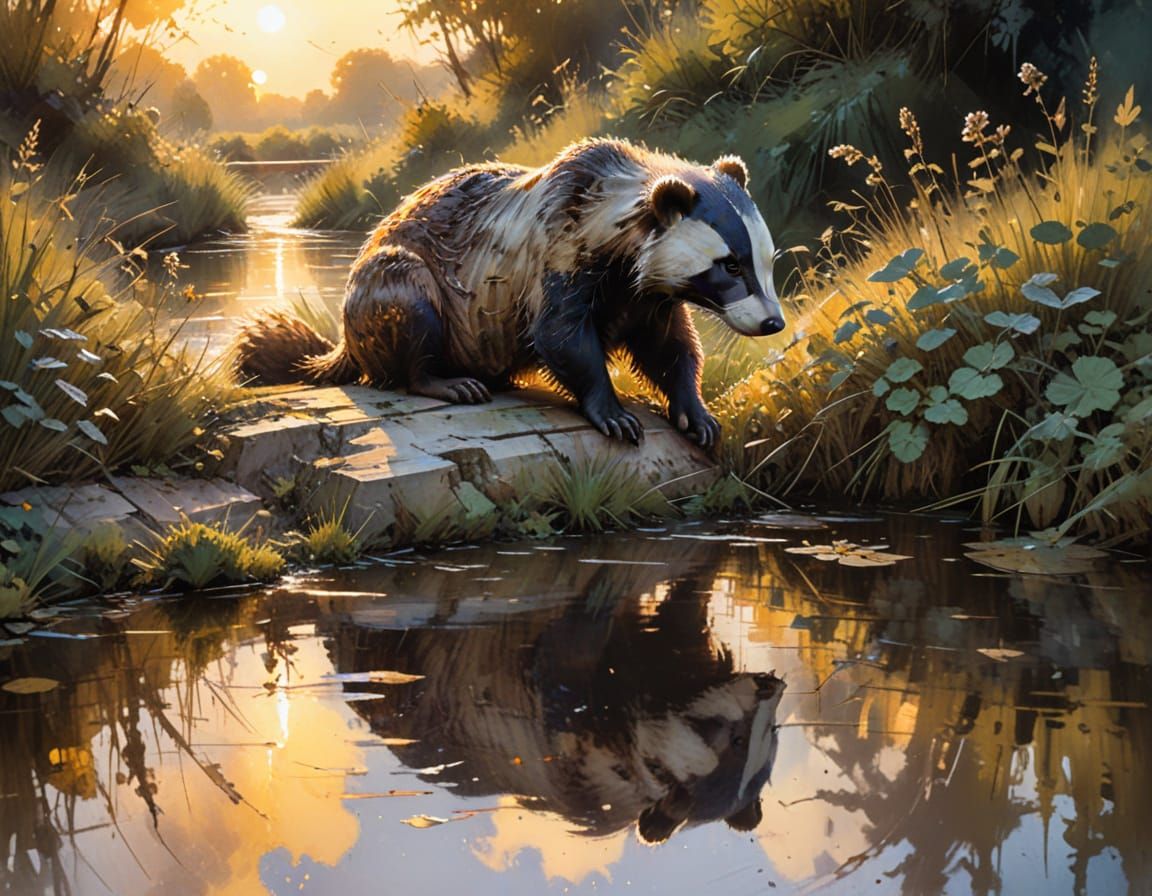 Badger Dozing by Canal Lock in Watercolour Style