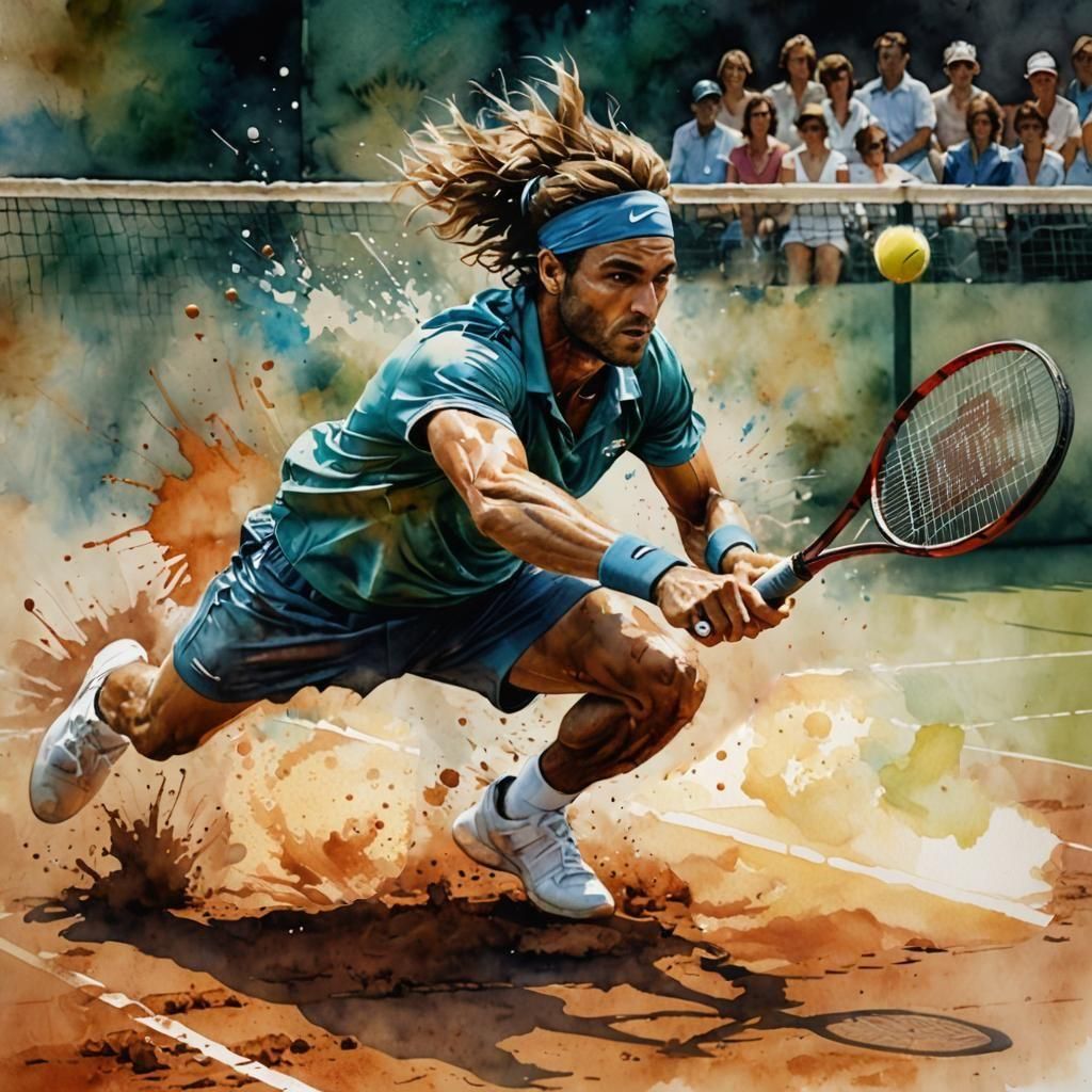 Tennis Player's Dive: Watercolor Art in Vibrant Colors