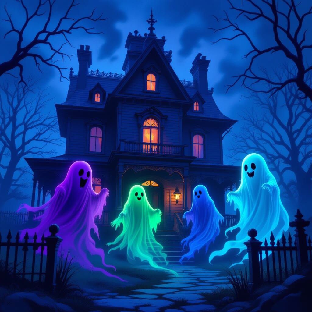 Haunted House with Ethereal Ghosts: Digital Art