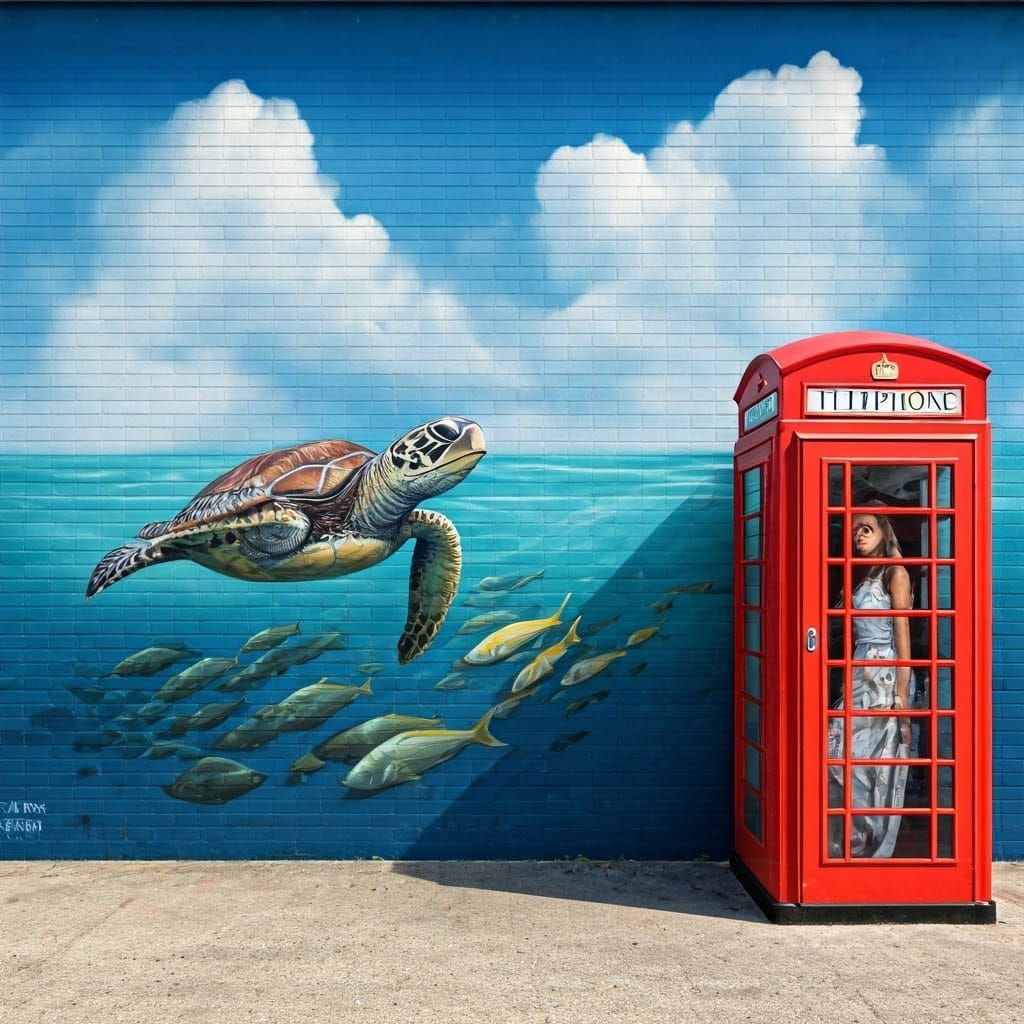 Street Art Mural with Woman and Telephone Booth