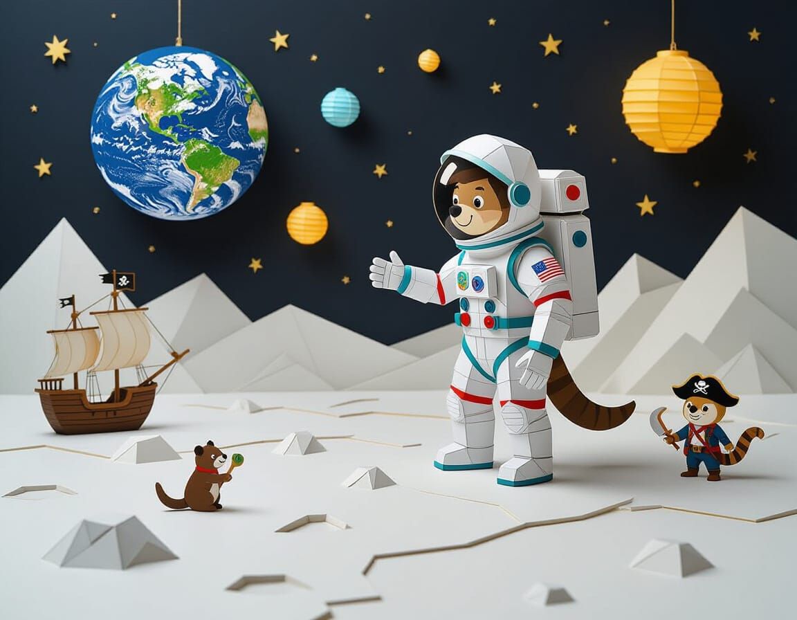 Papercraft Astronaut on Moonscape with Earth and Lantern Sta...