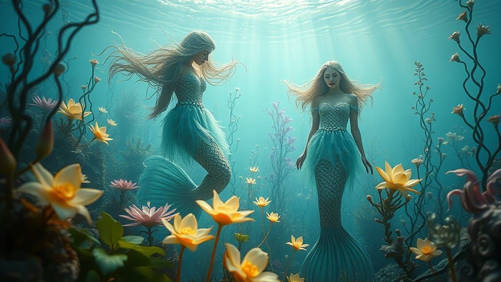 Underwater Garden: Mermaids Cultivating Glowing Flora