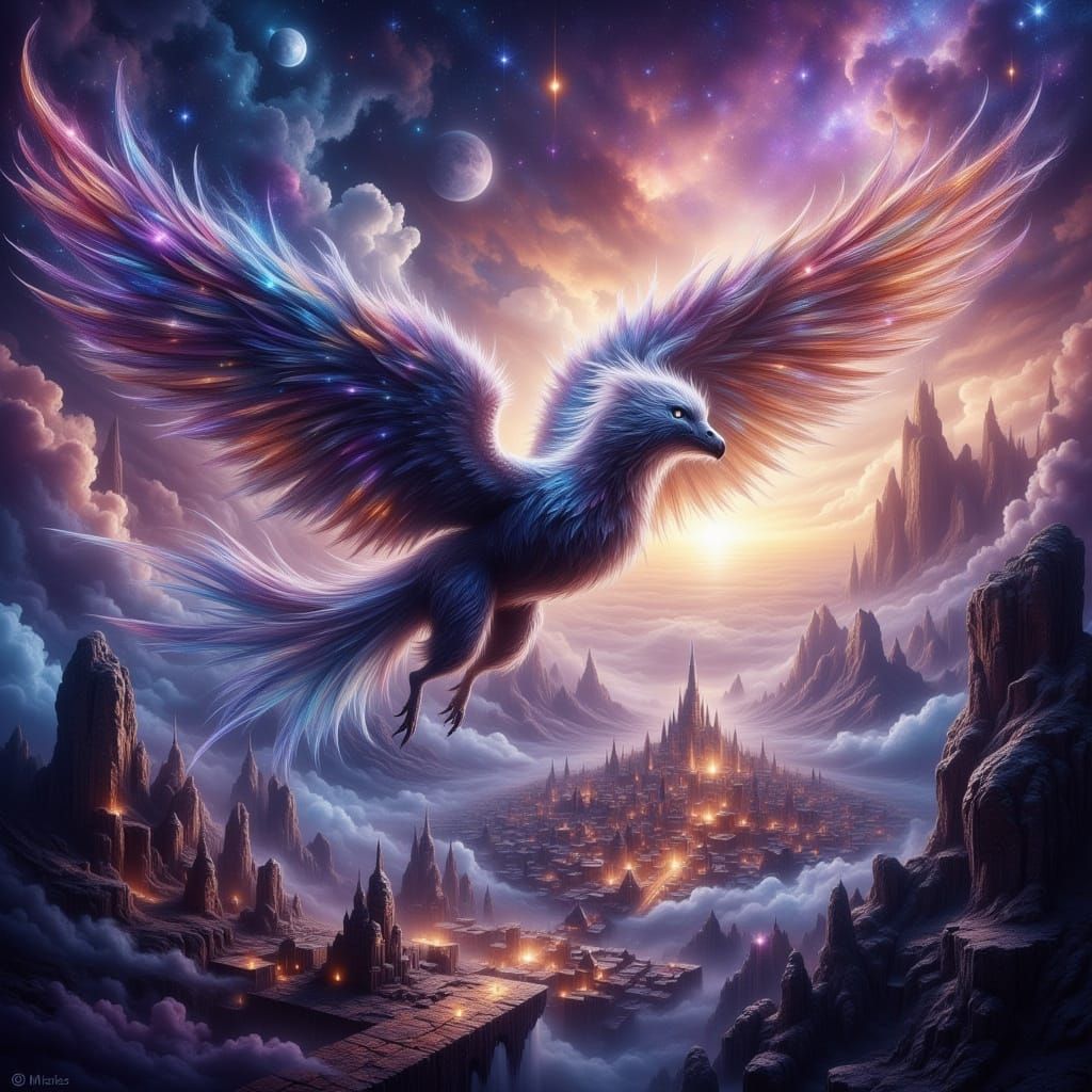 Iridescent Griffin Soaring Through Alien Nebula