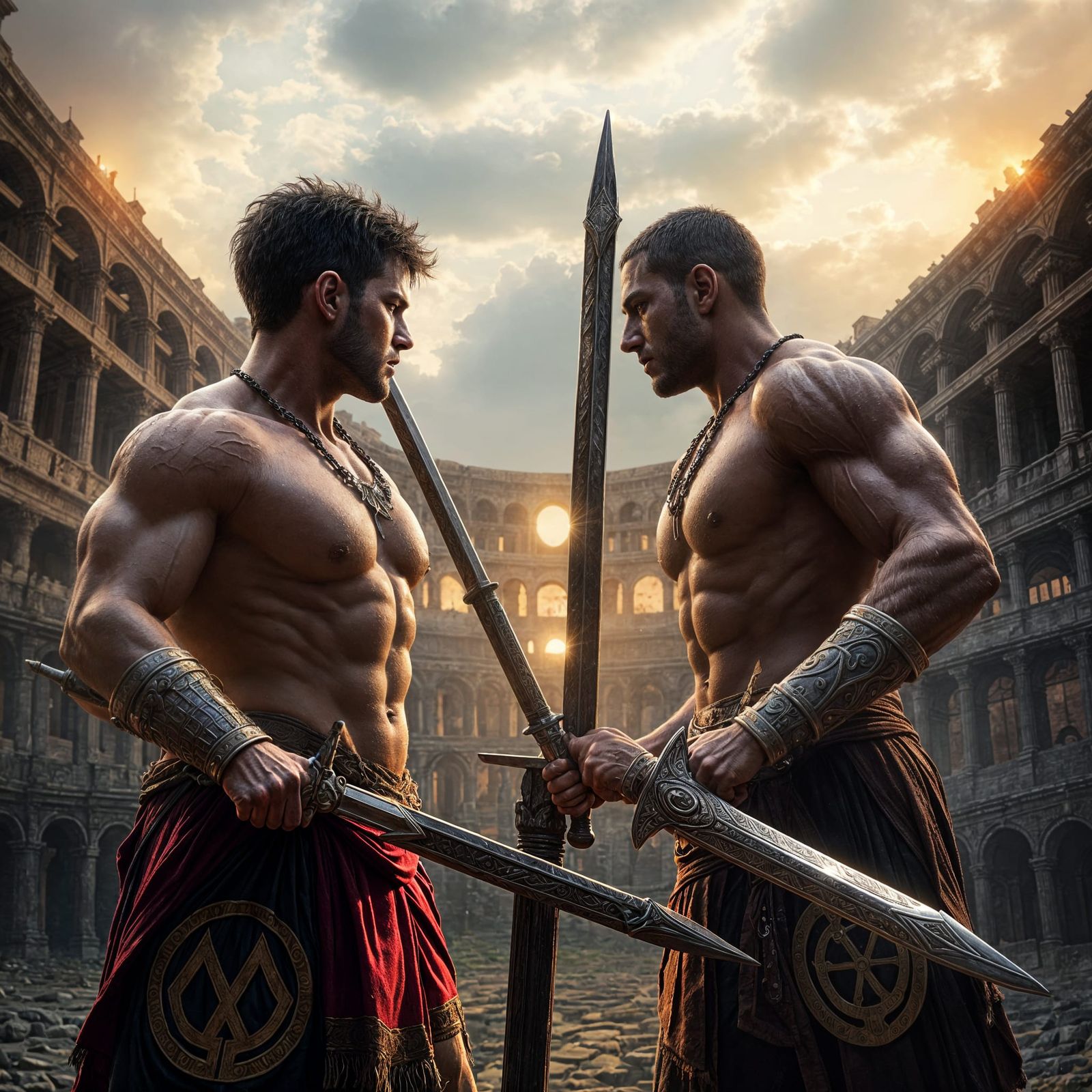 Gladiators Clash in Ancient Arena: Detailed Matte Painting