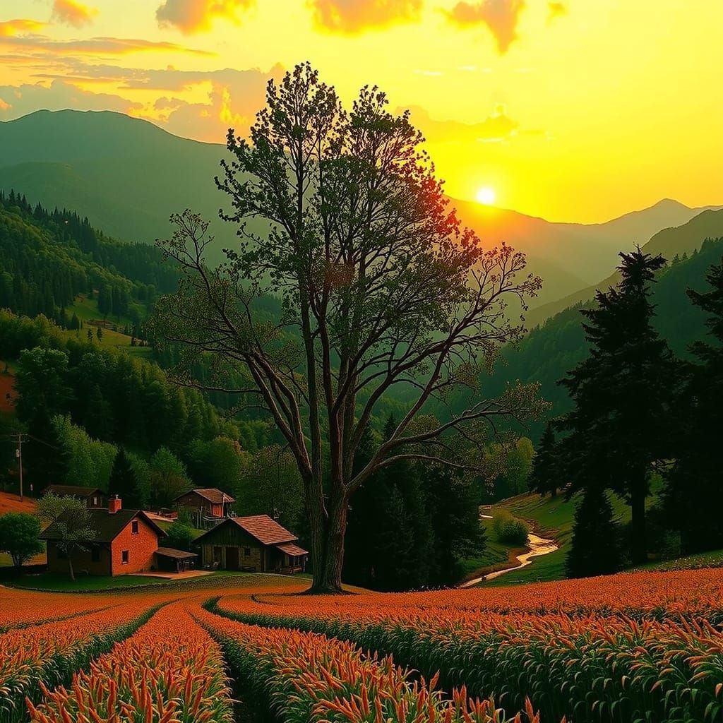 Picturesque Landscape with Golden Light and Stormy Sunset