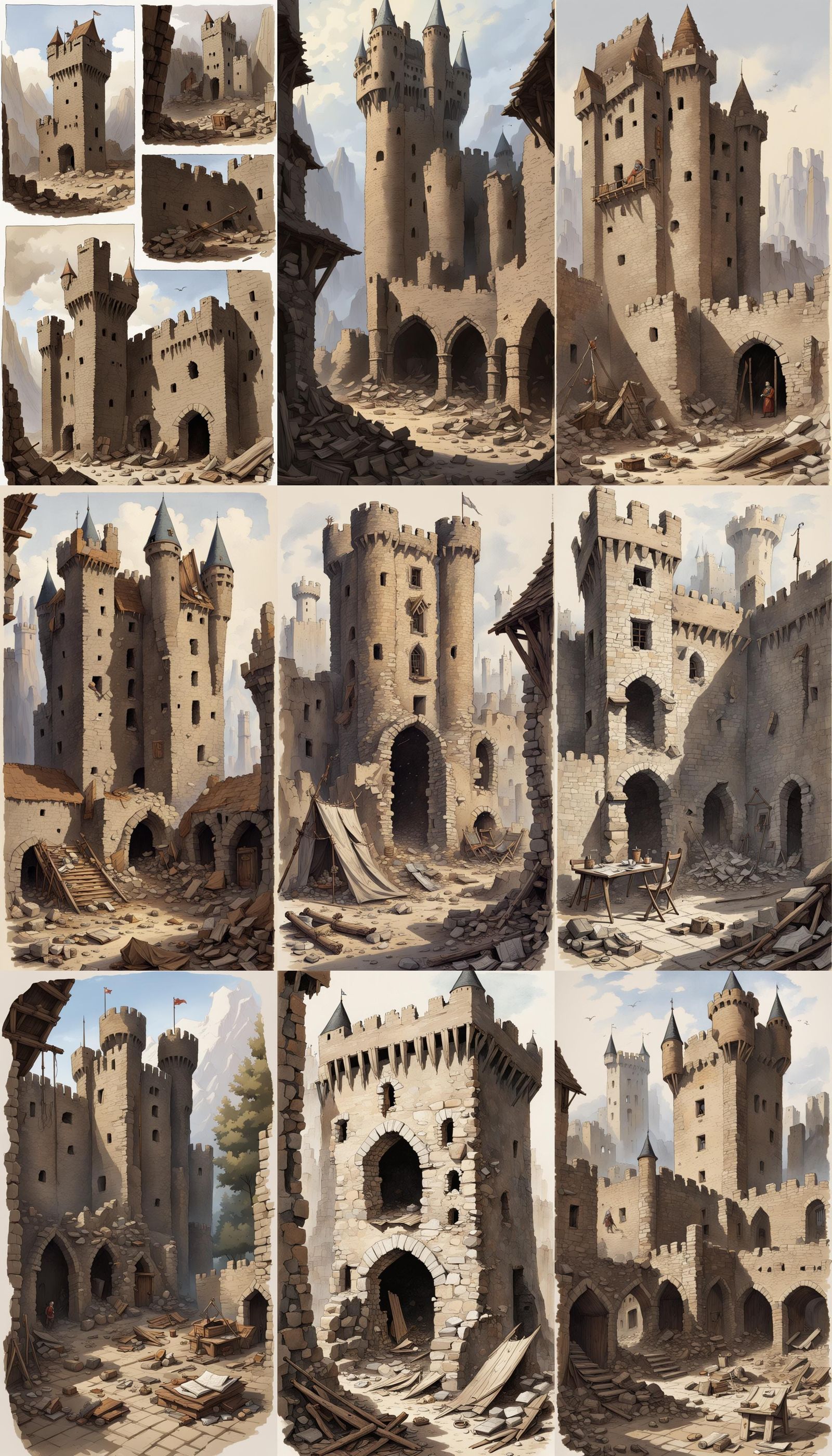 desocrated remains of a great Castle, Turret towers crumbled into the courtyard, small camp, a ragged Dire Bear pelt hel...