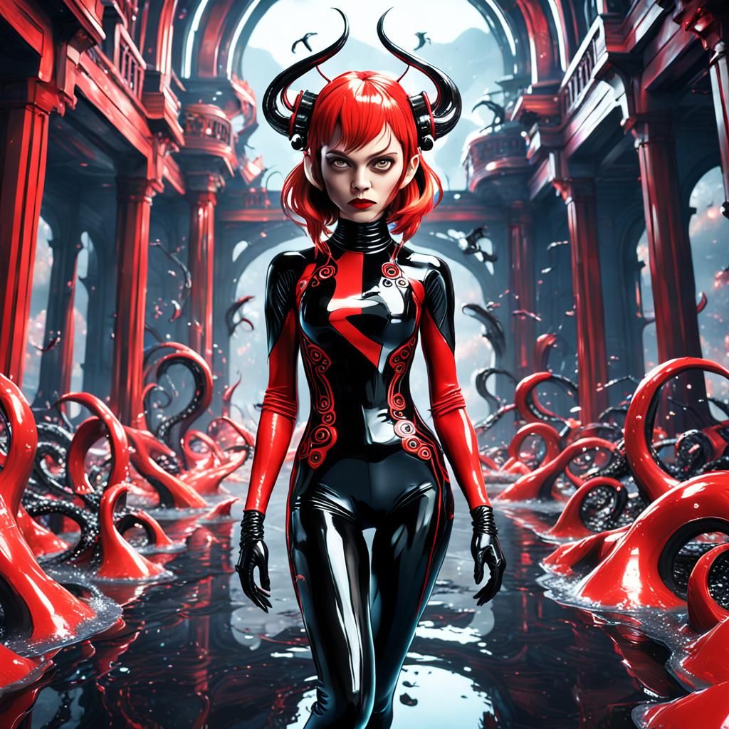 Woman in Red Latex: Detailed Fantasy Concept Art