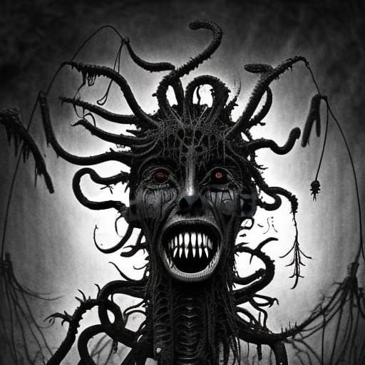 Horrific Biopunk Plant-Humanoid in Monochromatic Photograph