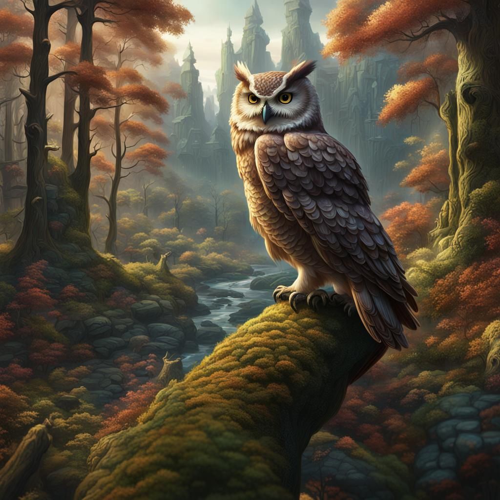 Wise Owl Paints Forest Landscape, Detailed Matte Painting
