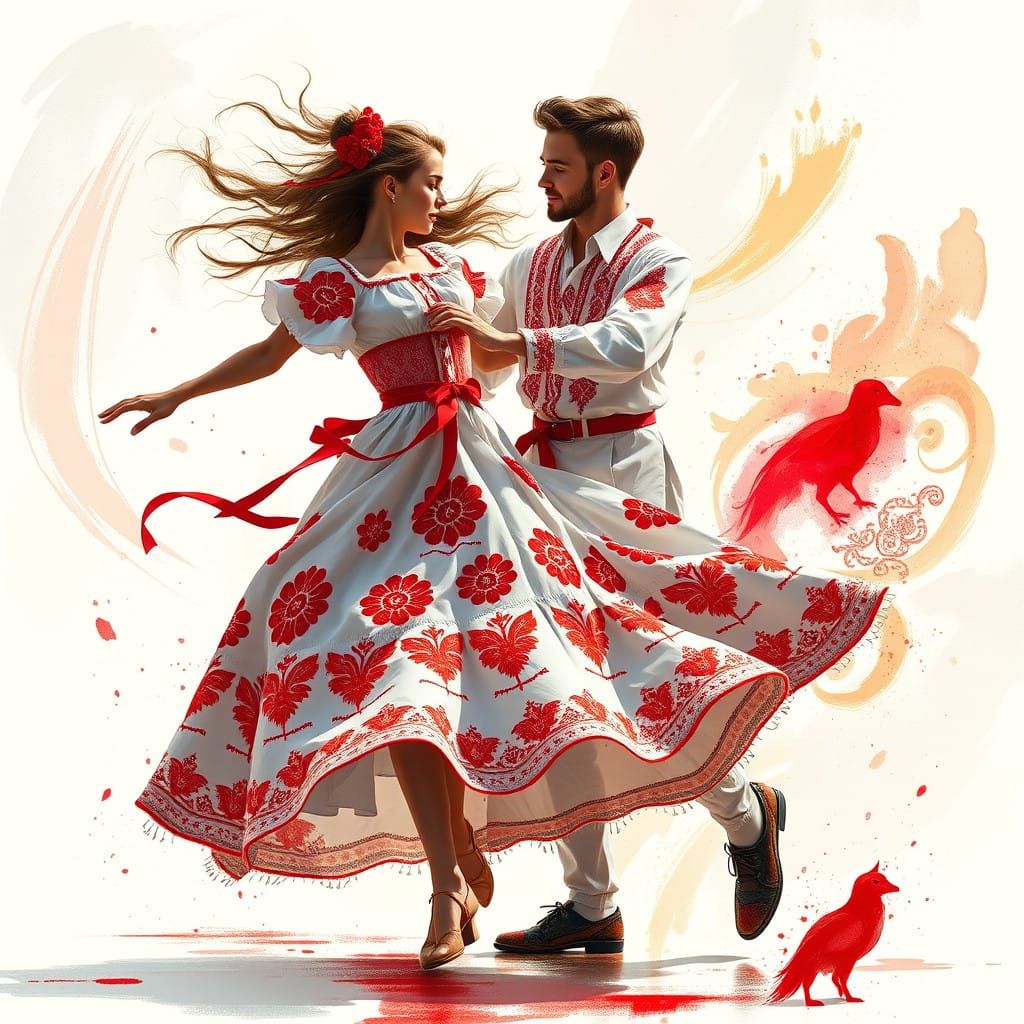 Dynamic Slovak Folk Dance in Vibrant Traditional Attire