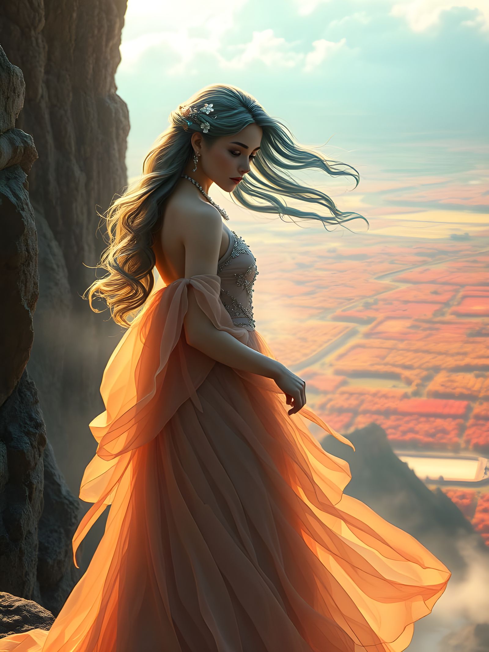 Ethereal Fantasy Woman Amidst Whirling Water Waves