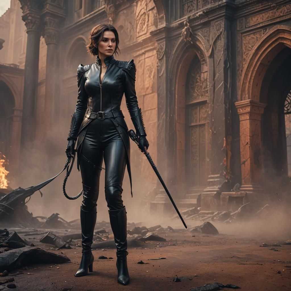 Woman in Leather Suit with Whip: Detailed Matte Painting