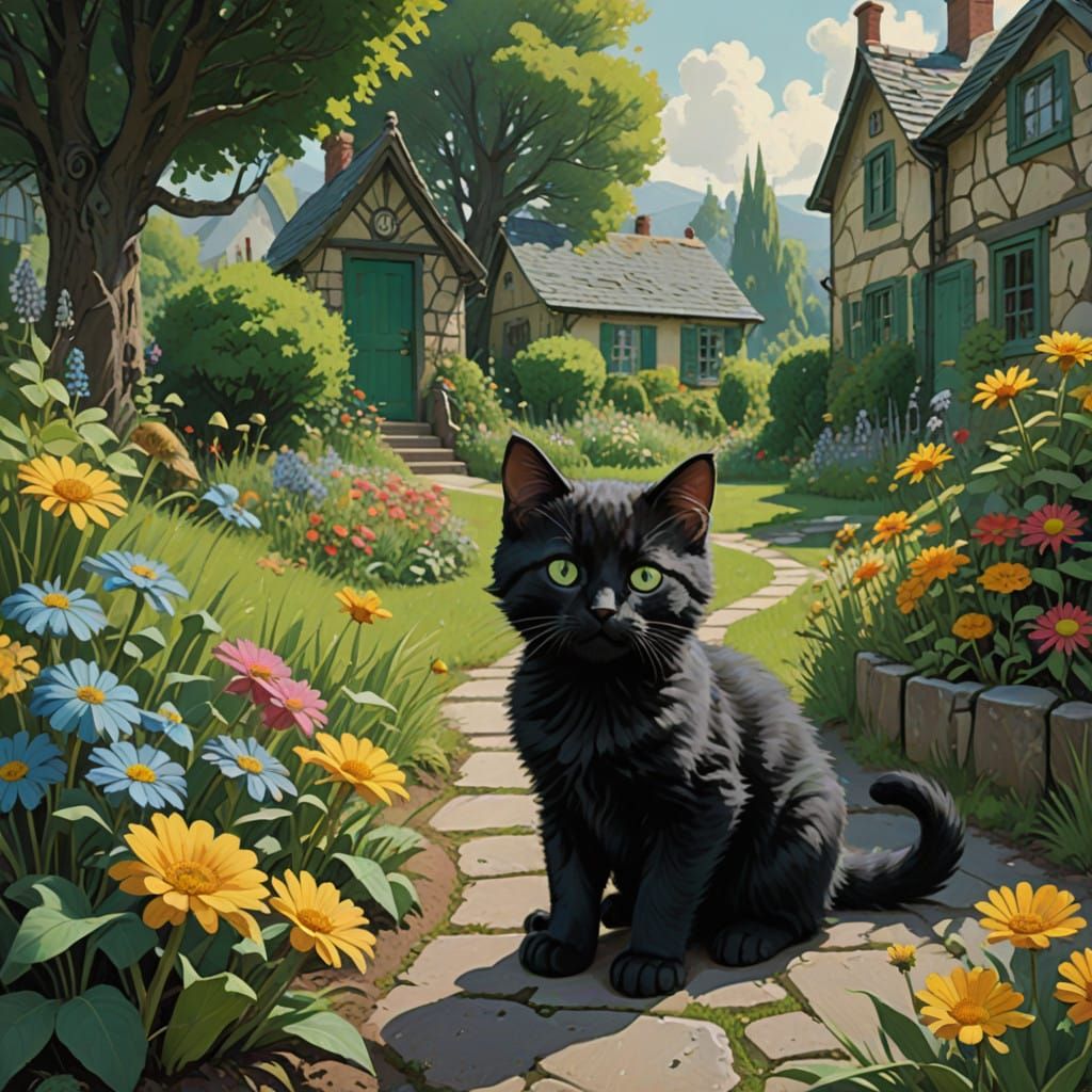 Whimsical Black Kitten in a Vibrant Garden