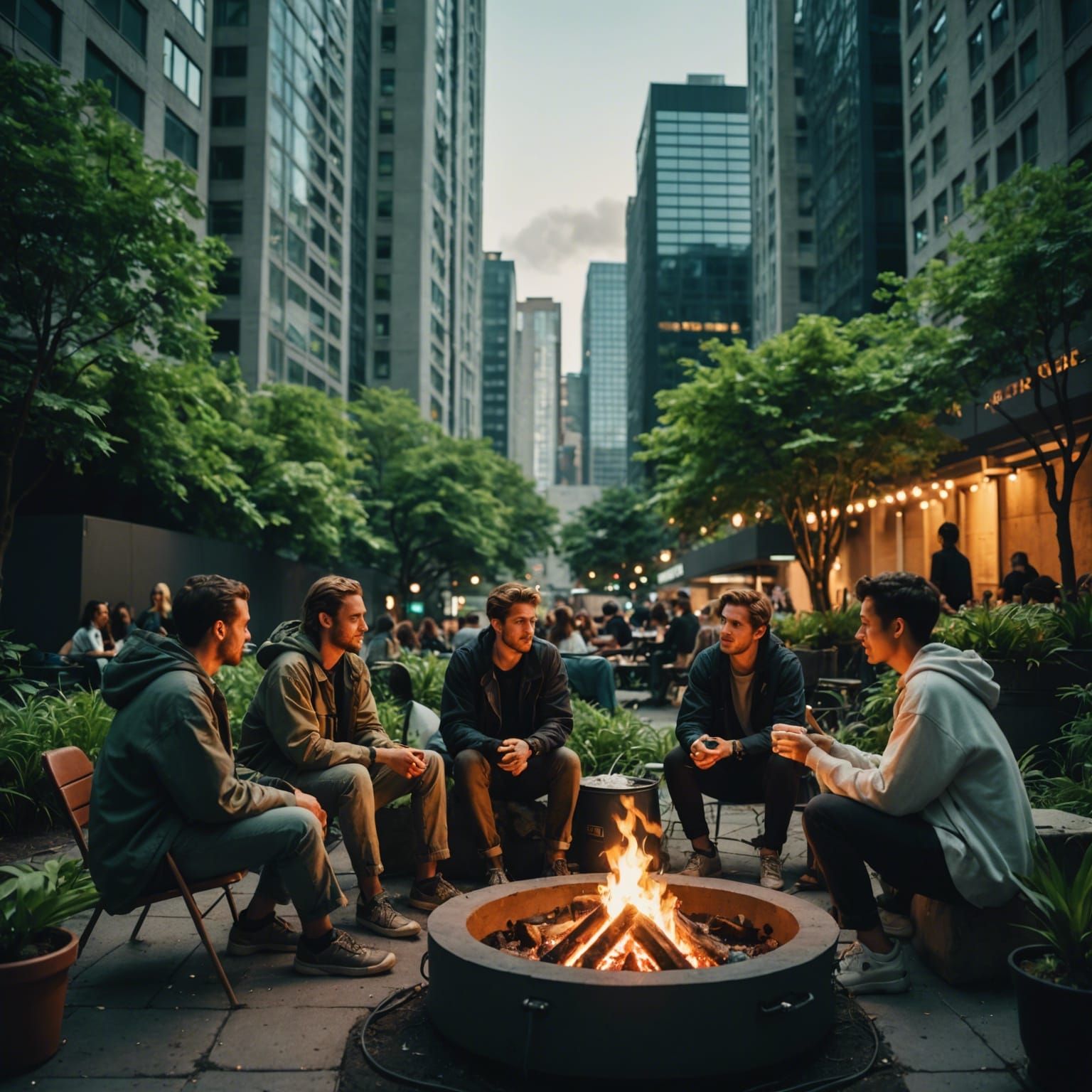 an image of a cityscape with greenery covering the skyscrapers, people in outdoor gear, and a 'campfire' (LED screen). S...