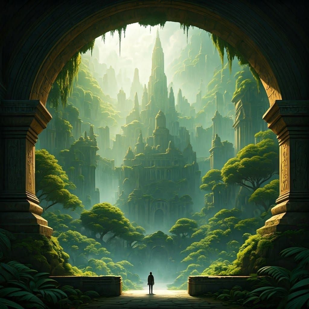 Dreamlike Cityscape Emerging from Vibrant Jungle