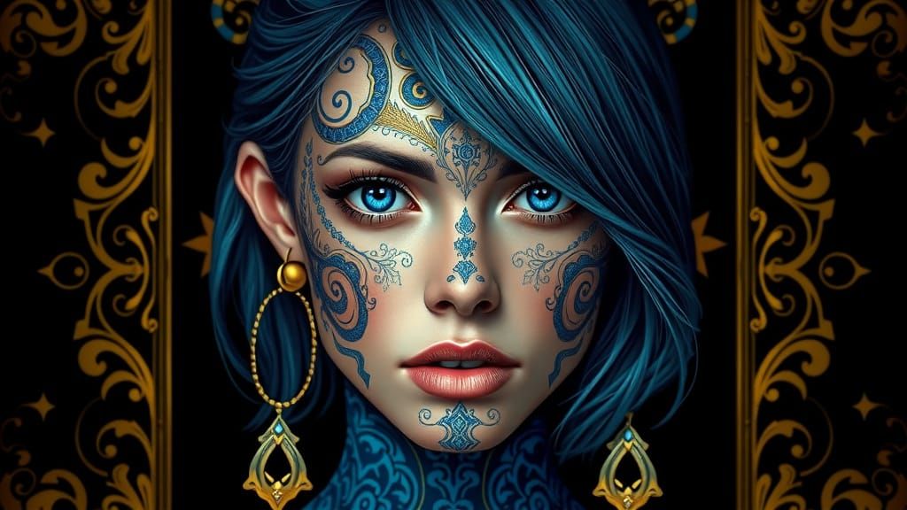 Woman's Face with Blue and Gold Patterns