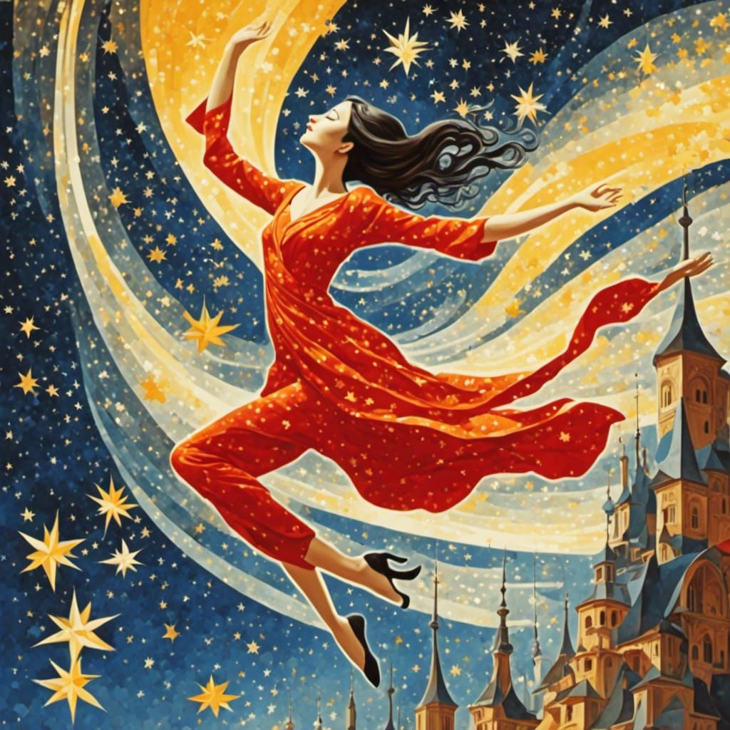 Fantasy Cartoon Woman Reaching for Stars