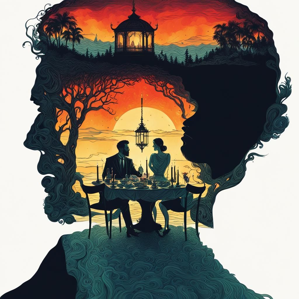 Double Exposure Silhouette in Detailed Ink Drawing Style