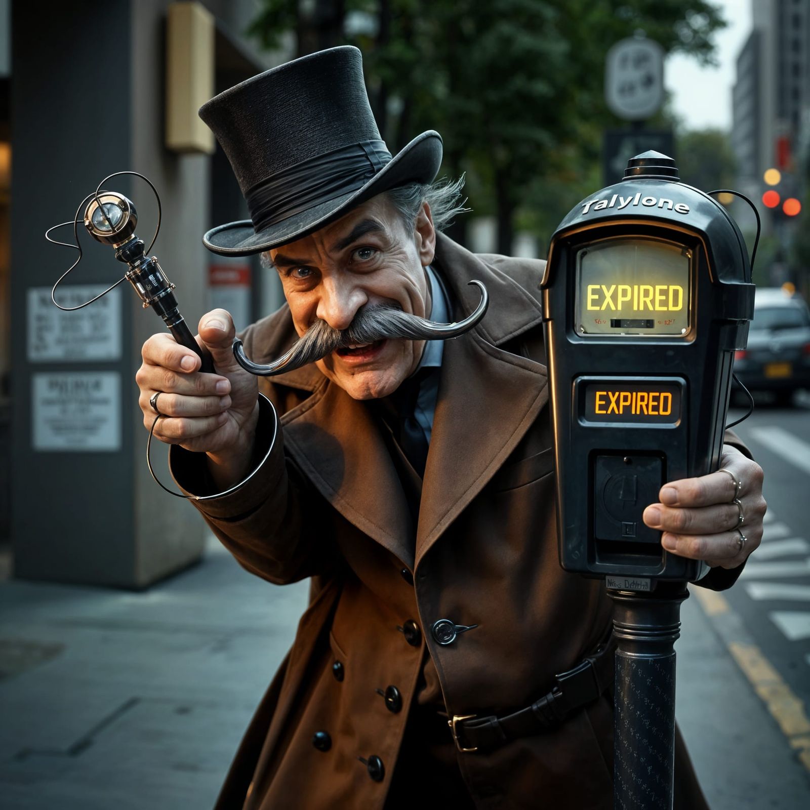 Villainous Parking Meter Prankster in Photorealistic Style