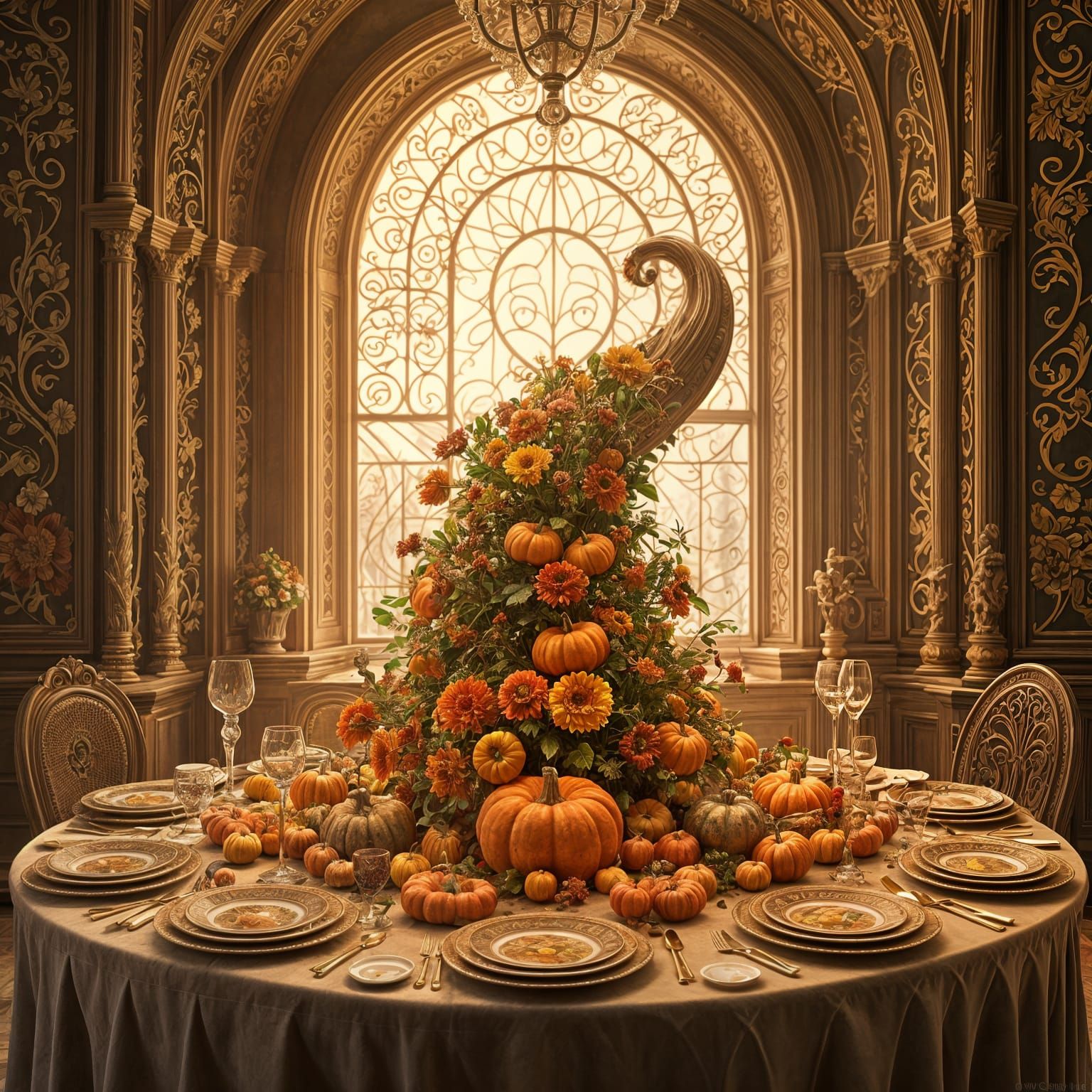 Thanksgiving. art nouveau rococo architecture. WLOP. rendered in Blender.