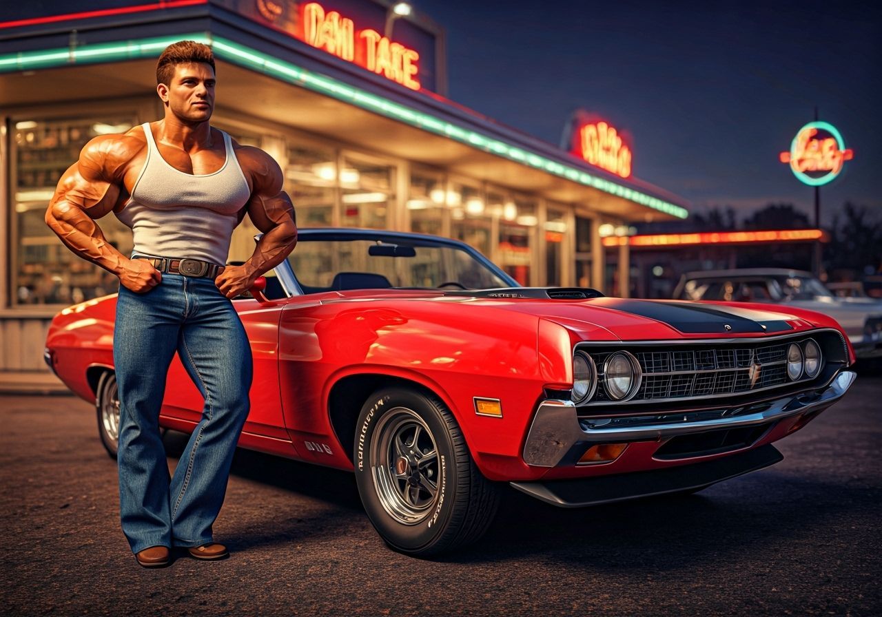 1971 Muscle Car and Bodybuilder at Drive-In Diner