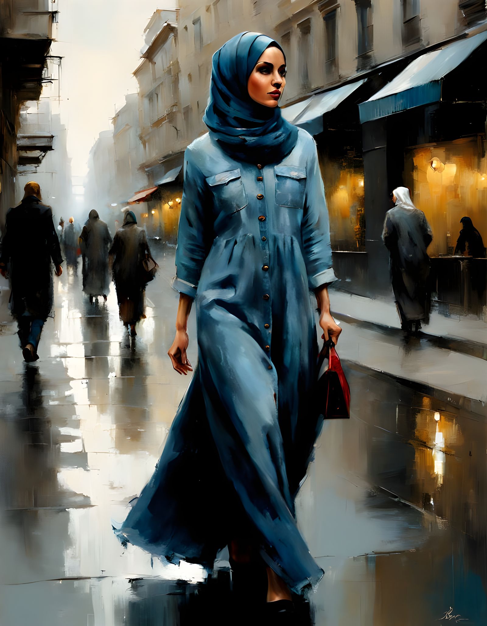 European Woman in Denim Gown: Oil Painting