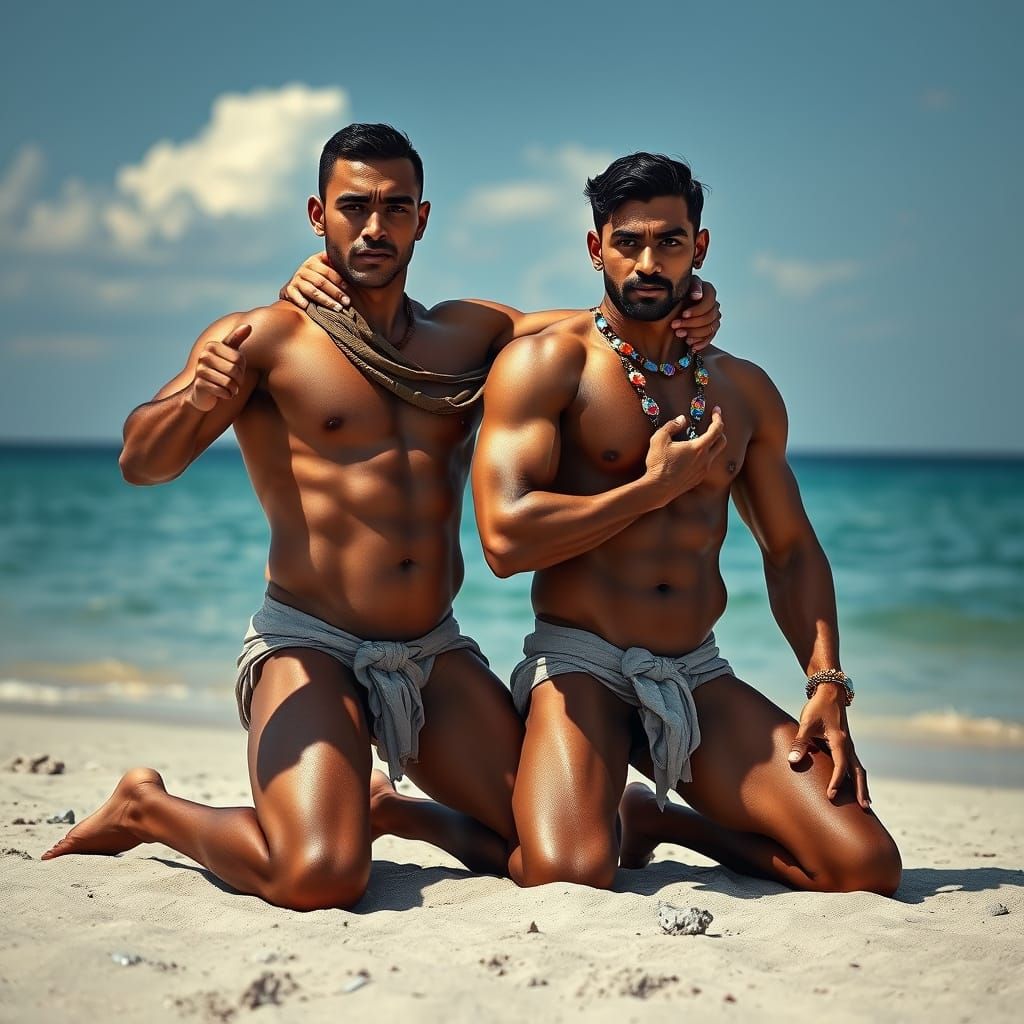 Muscular Indian Men on Beach, Sensual Realism Art