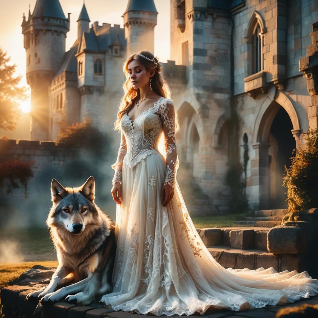 Bride and Wolf Guardian in a Fantasy Landscape