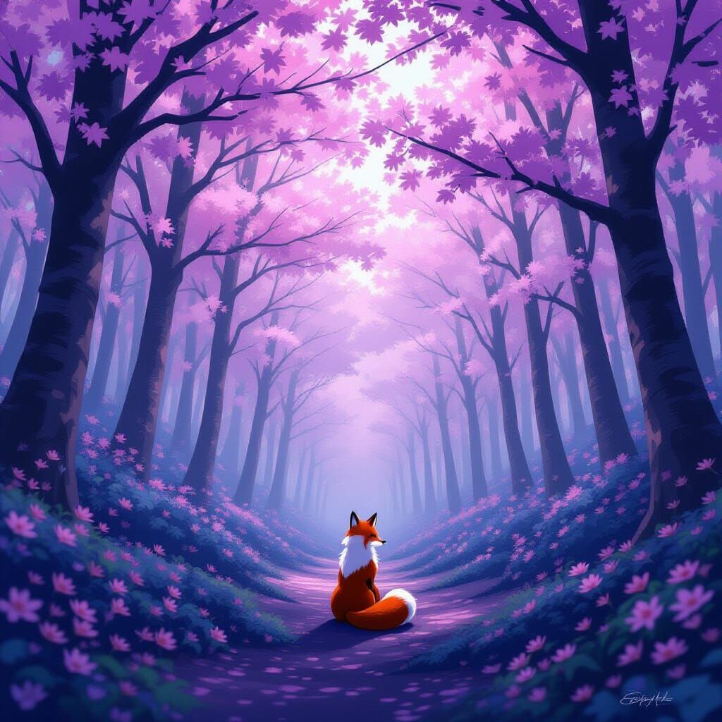 Mysterious Fox in Sakura Forest Dusk