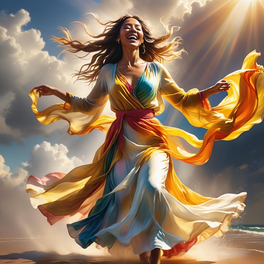 Joyful Woman Dancing in Golden Sunlight Splash Art