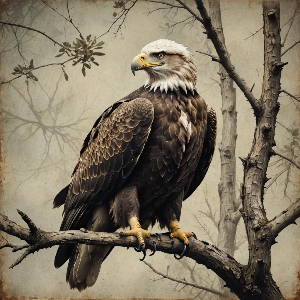 Hyperrealistic Eagle Perched on Branch