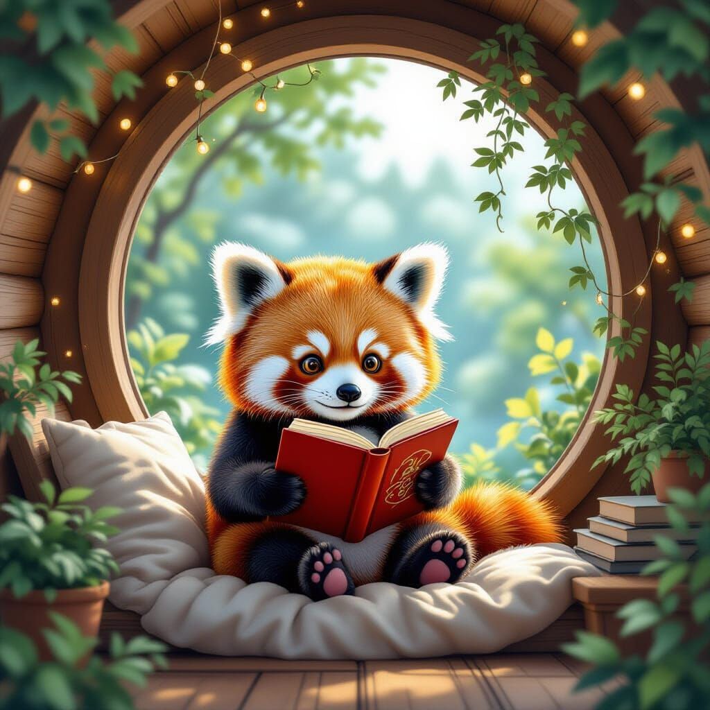 Red Panda Reads in Cozy Nook, Watercolor Style